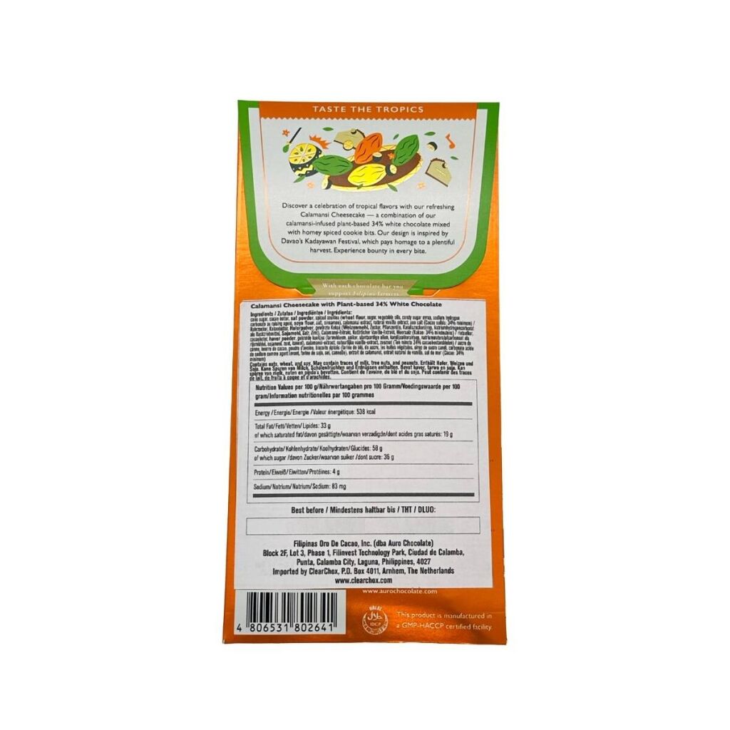 Die Rückseite der Verpackung eines Schokoriegels mit Calamansi-Cheesecake-Geschmack der Marke Auro