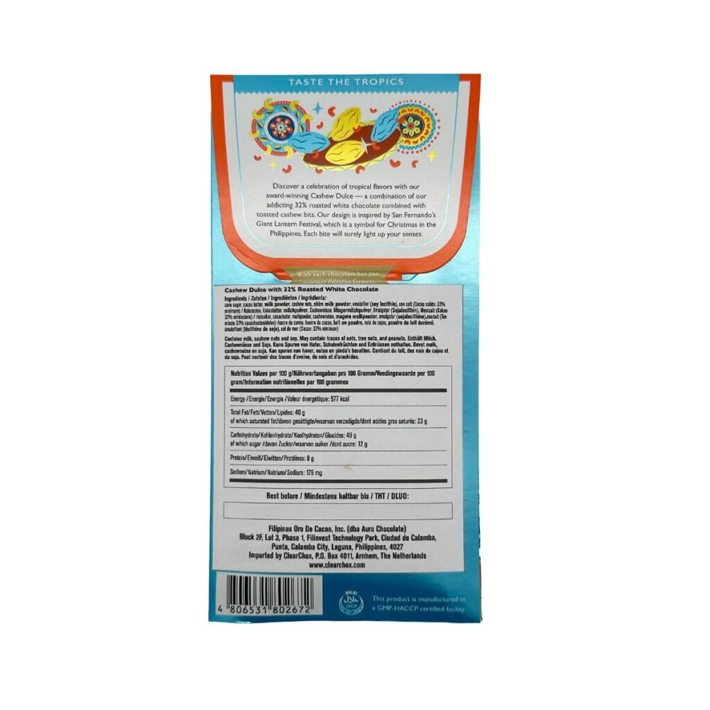 Die Rückseite der Verpackung eines Schokoriegels mit Cashew-Dulce-Geschmack der Marke Auro