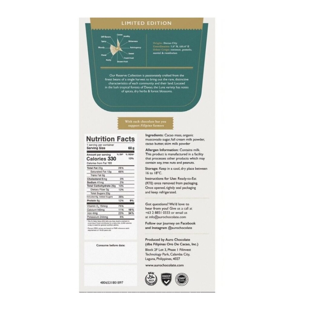 Ein Riegel dunkle Milchschokolade mit dem Geschmack Luna der Marke Auro