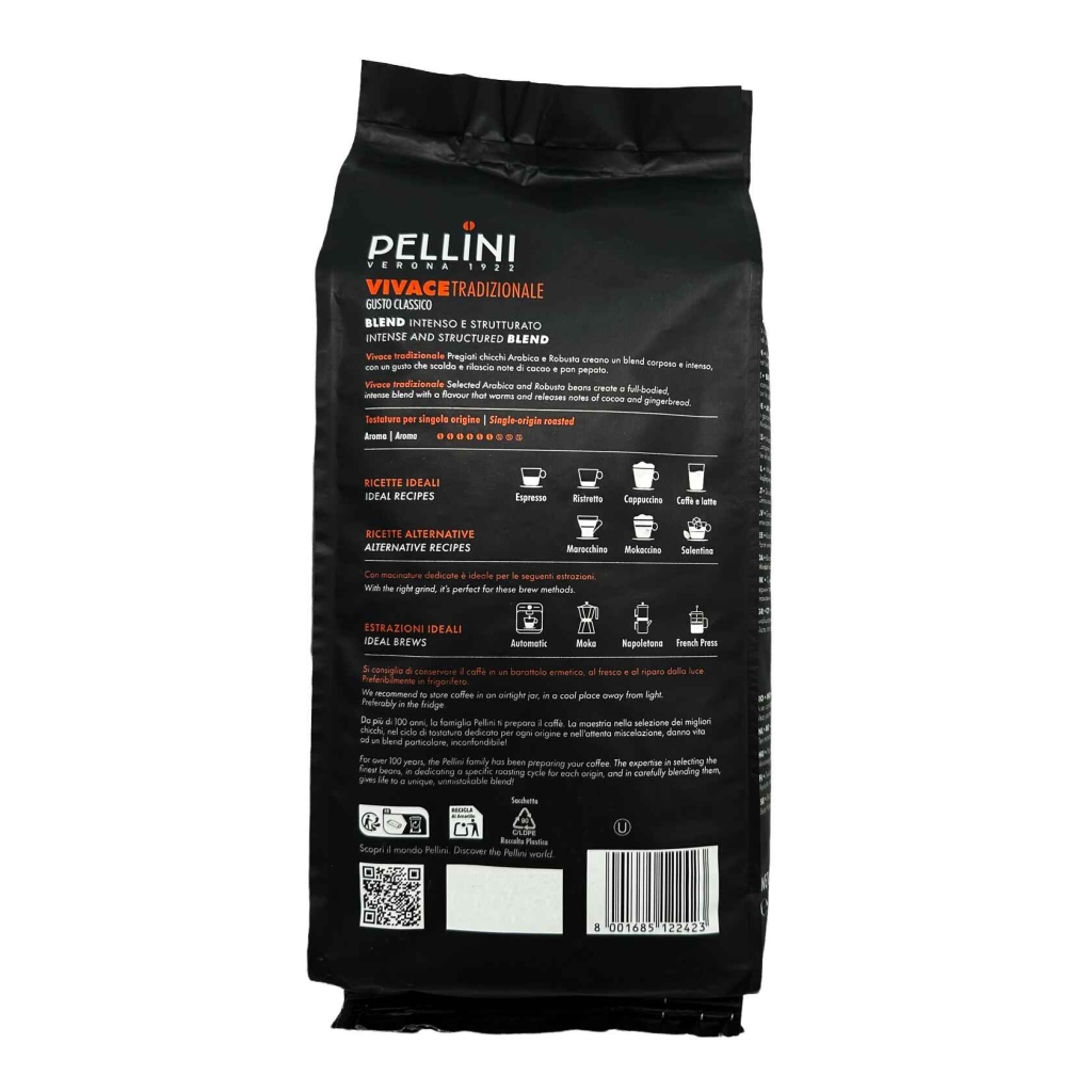 Achterkant van een kilo koffiebonen van het merk Pellini Espresso Bar No 82 Vivace