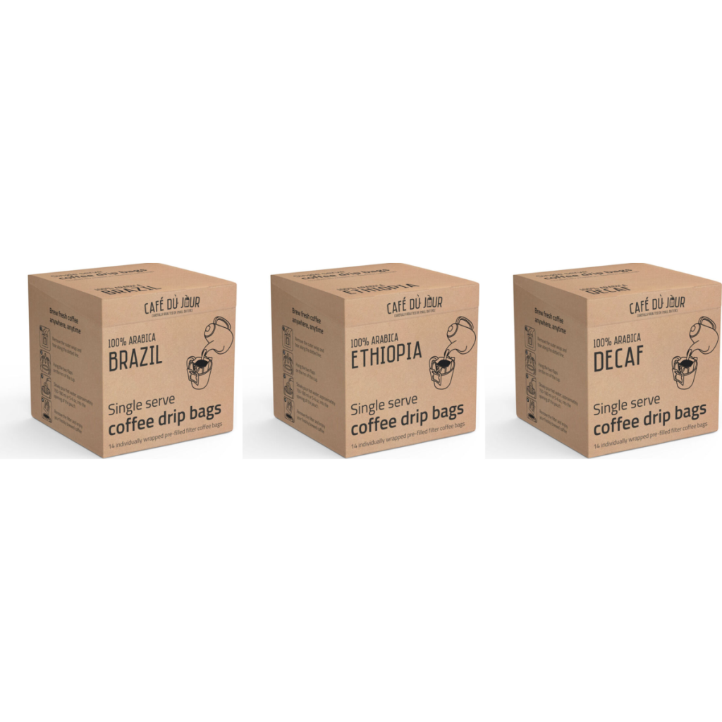Single Serve Drip Bags Trio - Brasilien, Äthiopien & Decaf 3 x 14 Stück