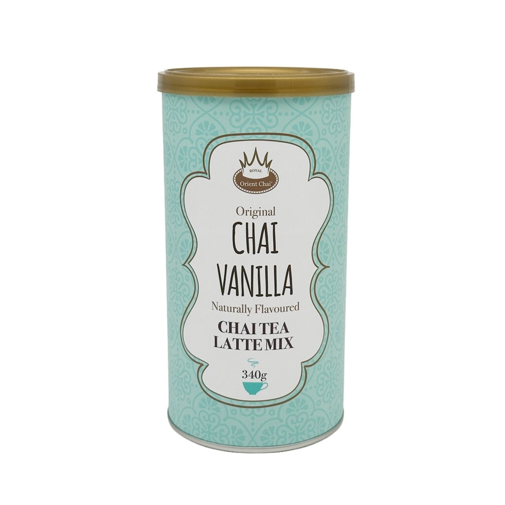 Voorkant van een potje van 340 gram met chai tea latte mix in de smaak vanilla