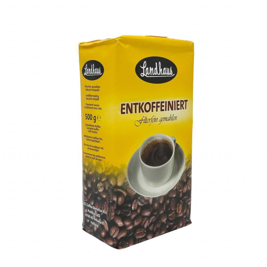 Zij- en voorkant van een 500 gram pak gemalen decaf filterkoffie van het merk Landhaus Entkoffeiniert caffeïnevrij