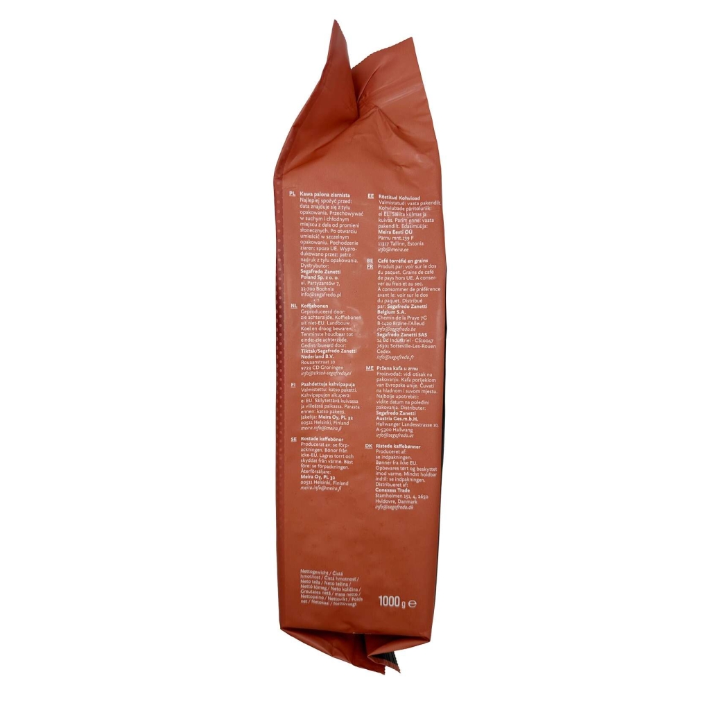 Rechter zijaanzicht van een kilo zak koffiebonen van het merk Segafredo Selezione Crema